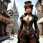 **

A stylish female game character in a steampunk-inspired Royal Style outfit. Detailed cogs, gears, and leather accents. She has a confident expression, set against a backdrop of a bustling fantasy city marketplace. Emphasize the uniqueness and personalized style through accessory combinations. A focus on the character looking powerful and cool.

**