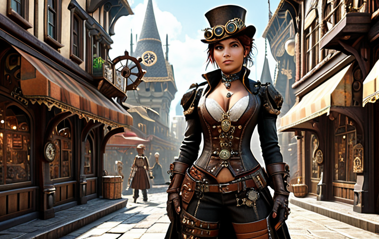 **
A stylish female game character in a steampunk-inspired Royal Style outfit. Detailed cogs, gears, and leather accents. She has a confident expression, set against a backdrop of a bustling fantasy city marketplace. Emphasize the uniqueness and personalized style through accessory combinations. A focus on the character looking powerful and cool.
**