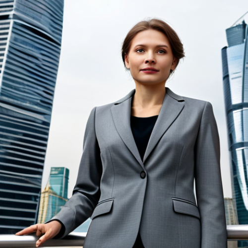 Home 7 **
A professional businesswoman in a tailored, grey business suit, standing confidently in front of the Moscow City skyscrapers. She is fully clothed, wearing appropriate attire, and has perfect anatomy and natural proportions. The scene is safe for work, captured in high-quality professional photography with excellent lighting.
**