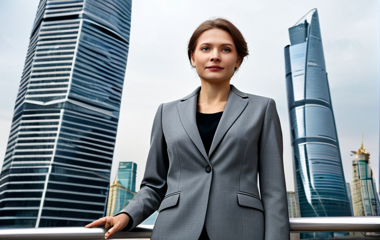 **

A professional businesswoman in a tailored, grey business suit, standing confidently in front of the Moscow City skyscrapers. She is fully clothed, wearing appropriate attire, and has perfect anatomy and natural proportions. The scene is safe for work, captured in high-quality professional photography with excellent lighting.

**